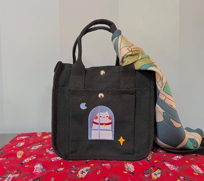 White Cat Embroidered Canvas Tote Bag - Versatile Daily Shoulder Bag