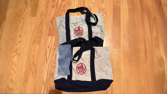 The Trade Joe canvas bag has bleached and shrunk due to improper cleaning