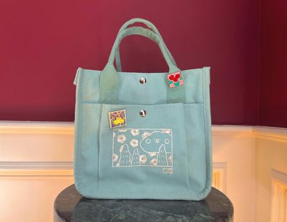 Teal Cloud Embroidered Canvas Tote - Kawaii Aesthetic School Bag