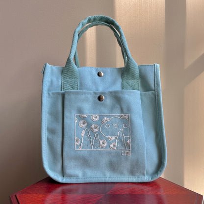 Teal Cloud Embroidered Canvas Tote - Kawaii Aesthetic School Bag