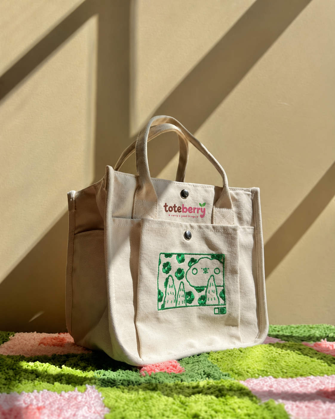 Beige Cloud Embroidered Canvas Tote Bag - Kawaii Aesthetic Lunch Bag