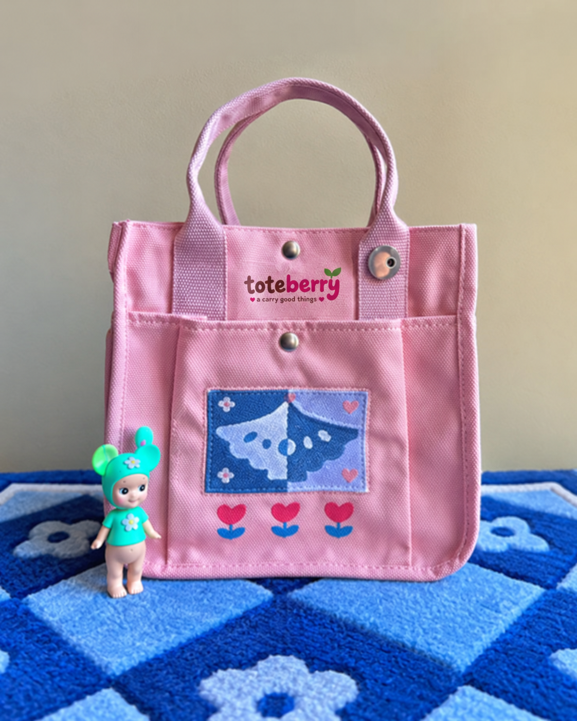 Baby Pink Bird Embroidered Canvas Tote Bag - Kawaii Aesthetic School Bag